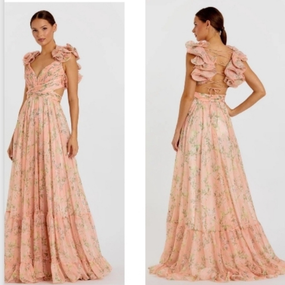 MAC DUGGAL 67803 RUFFLE TIERED FLORAL CUT-OUT CHIFFON GOWN SIZE 4